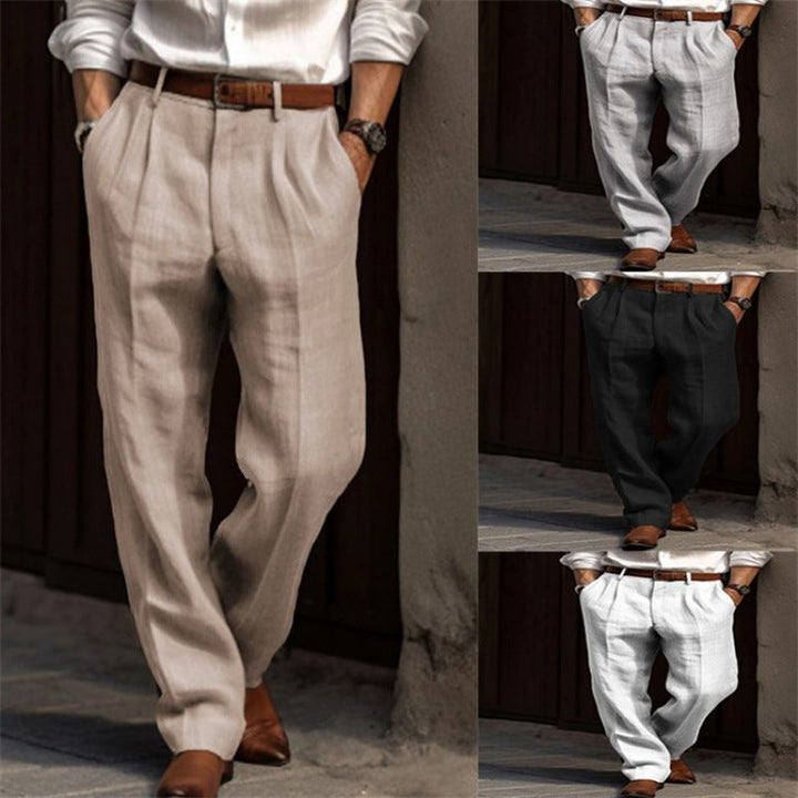 Herren elegante Leinenhose mit Falten und seitlichen Taschen W&W Mode