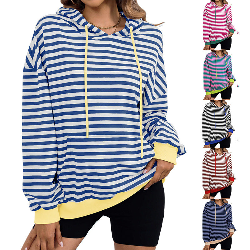Damen gestreifter Kapuzenpullover mit stylischer Kängurutasche WW
