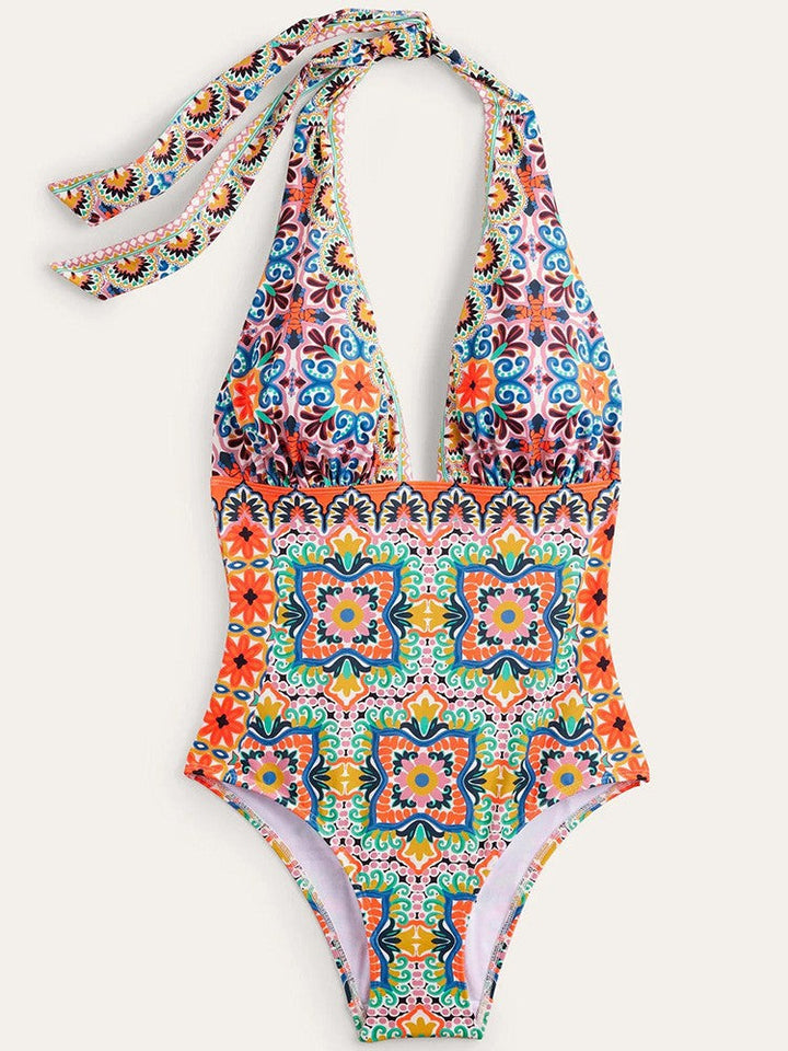 W&W Mode | Ethnischer Print Hochgeschnittener Halter Monokini Brasilianischer Einteiler Badeanzug