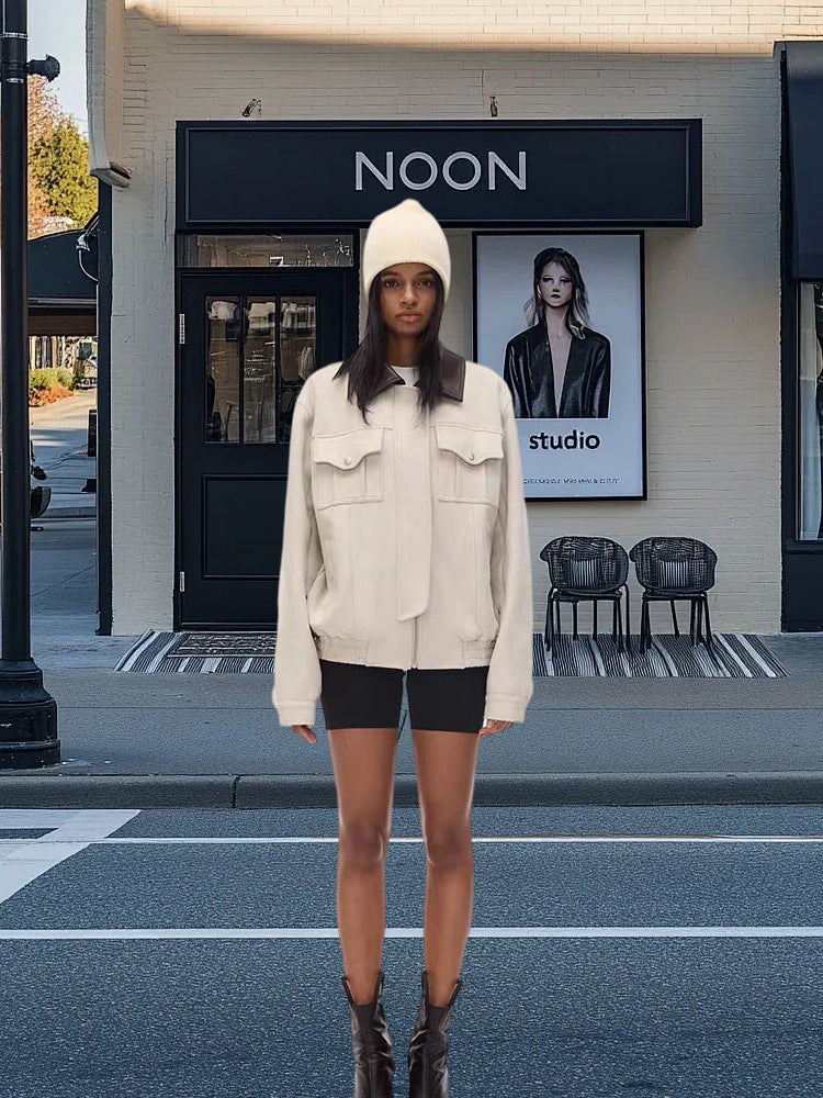 Damen Kunstlederjacke mit abnehmbarer Kapuze und voluminösen Ärmeln WW