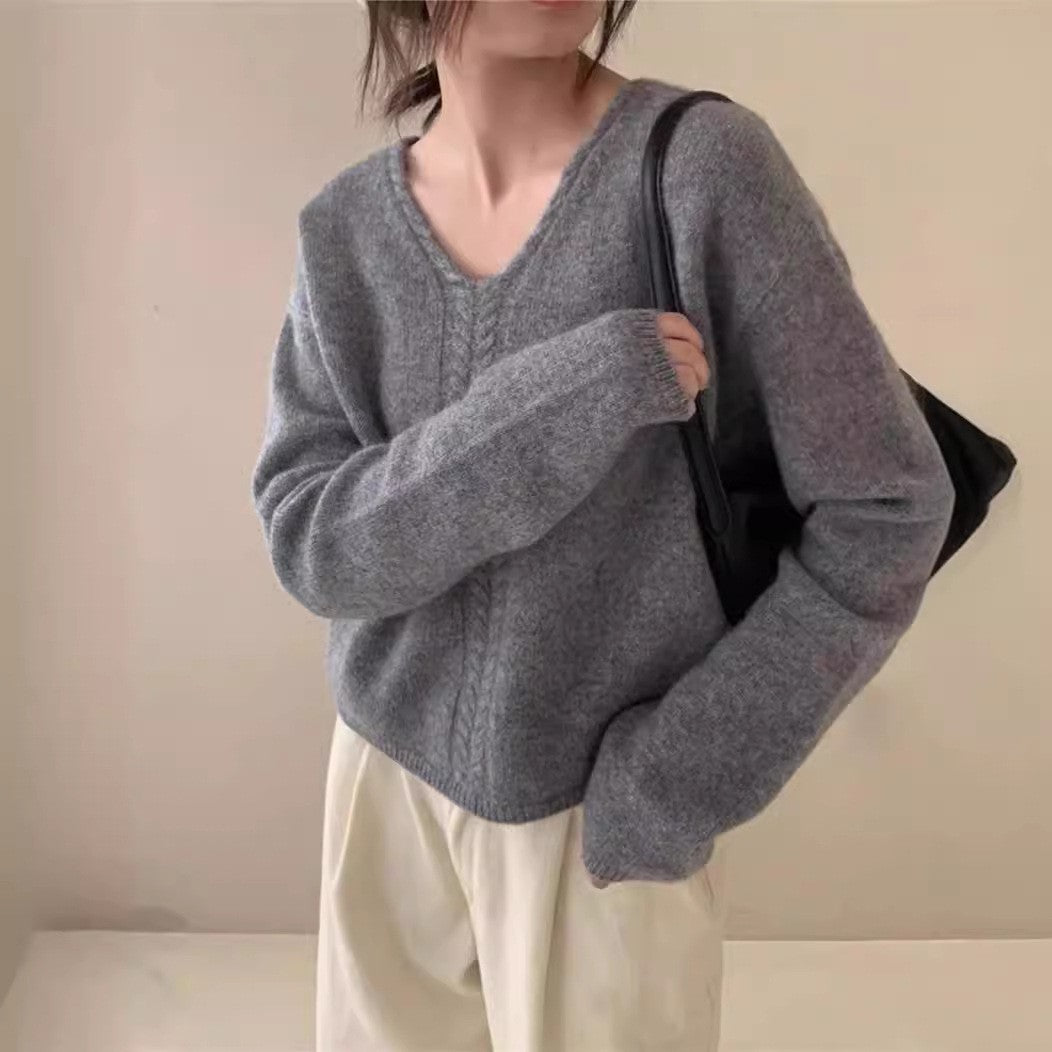 Damen Strickpullover mit V-Ausschnitt und Zopfmuster WW