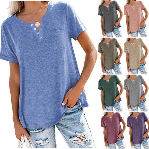 Damen Freizeit T-Shirt mit Knopfleiste und Brusttasche W&W Mode