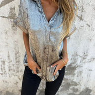 Damen Kurzarm-Seidenbluse mit elegantem Glanz und modischem Revers WW
