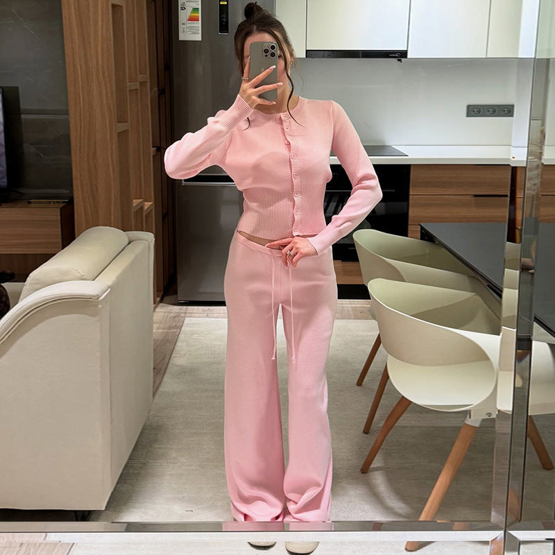 Damen Bequemes Strick-Loungewear-Set mit Knopfleiste WW