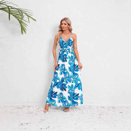 Damen Maxikleid mit zartem V-Ausschnitt und buntem Pflanzenmuster WW