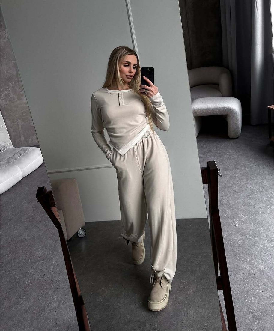 Damen bequeme Lounge-Hose und langärmliges Oberteil-Set WW