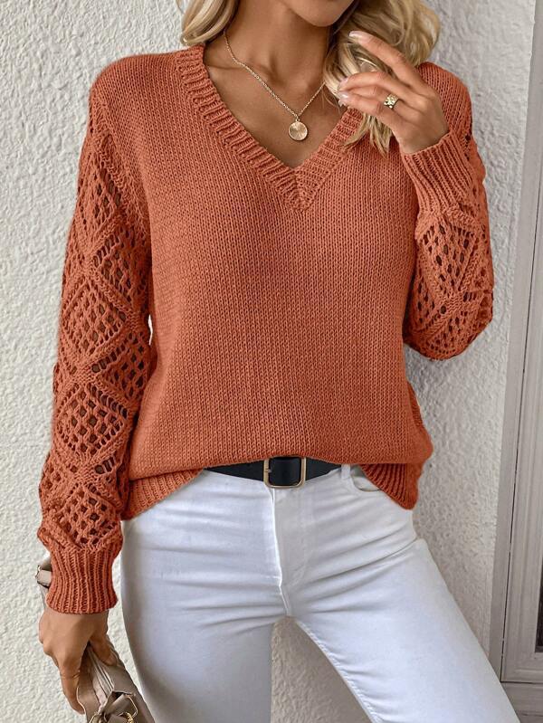 Damen Strickpullover mit V-Ausschnitt und gehäkelten Ärmeln WW