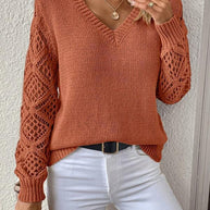 Damen Strickpullover mit V-Ausschnitt und gehäkelten Ärmeln WW