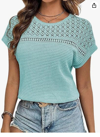 Damen kurzärmliges Strickoberteil mit dekorativem Lochmuster WW