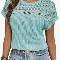 Damen kurzärmliges Strickoberteil mit dekorativem Lochmuster WW