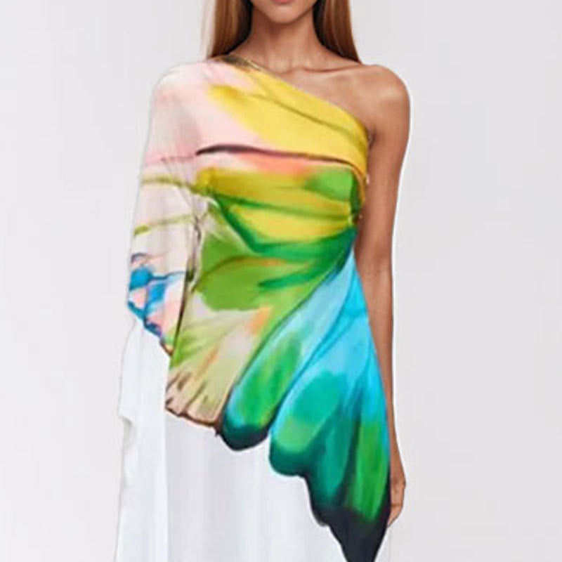 Damen Maxikleid mit asymmetrischem Design und künstlerischem Druck W&W Mode