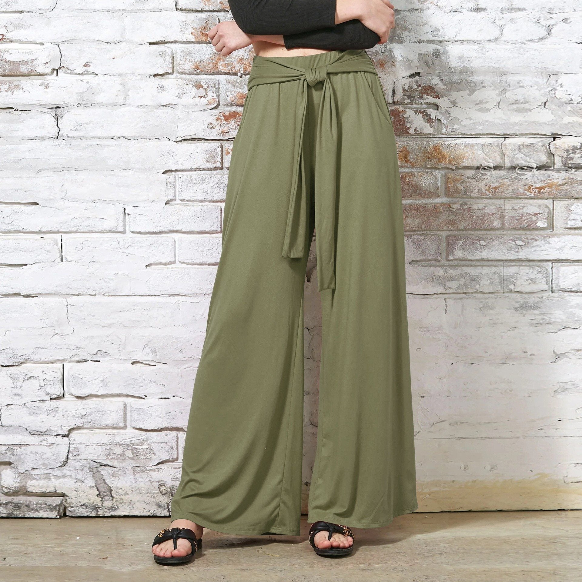 Damen Bequeme und stylische Weite Hose mit Taillengürtel WW