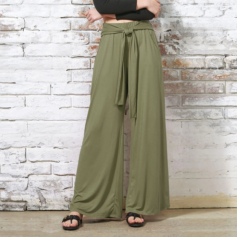Damen Bequeme und stylische Weite Hose mit Taillengürtel WW