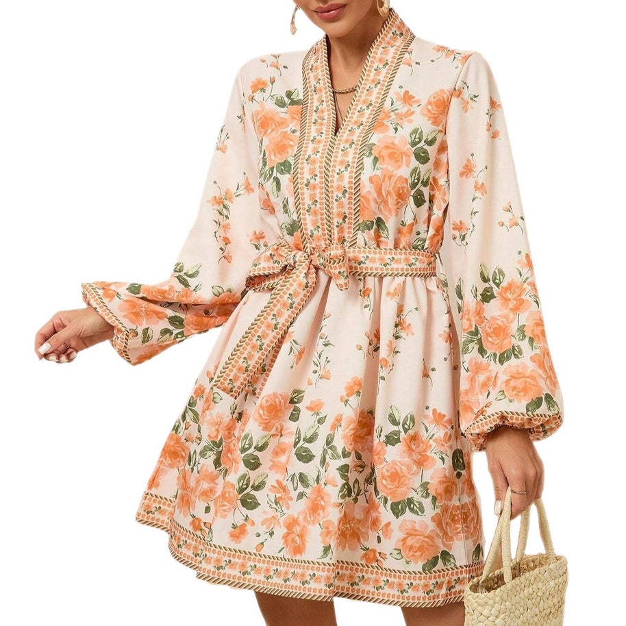 Damen Sommerliches Blumenkleid mit eleganter Taillenschnürung und langen Ärmeln WW