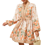 Damen Sommerliches Blumenkleid mit eleganter Taillenschnürung und langen Ärmeln WW