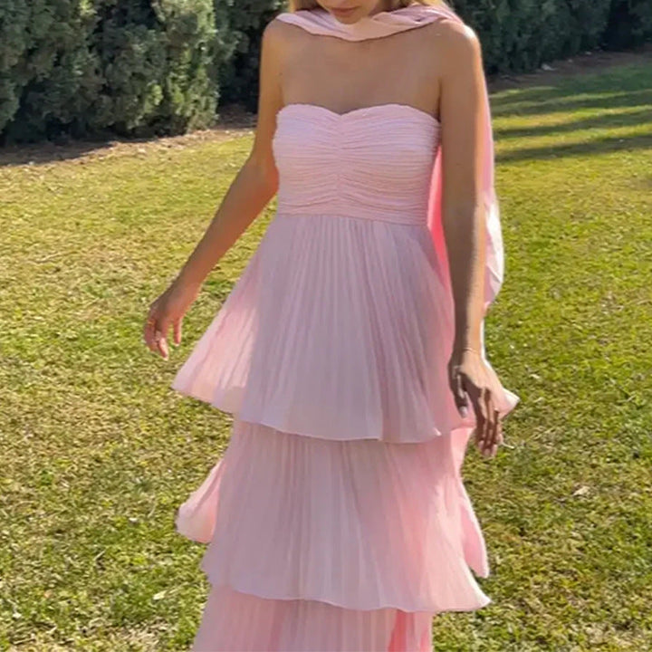 Damen Bodenlanges Rüschen-Maxikleid mit schulterfreiem Schnitt und fließendem Material W&W Mode