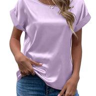 时尚2025夏季外贸货源OL气质色丁套头圆领直筒型女式T恤一手货源 - Image 7