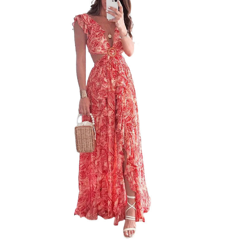 Damen Maxikleid mit hohem Schlitz und floralen Rüschendetails W&W Mode