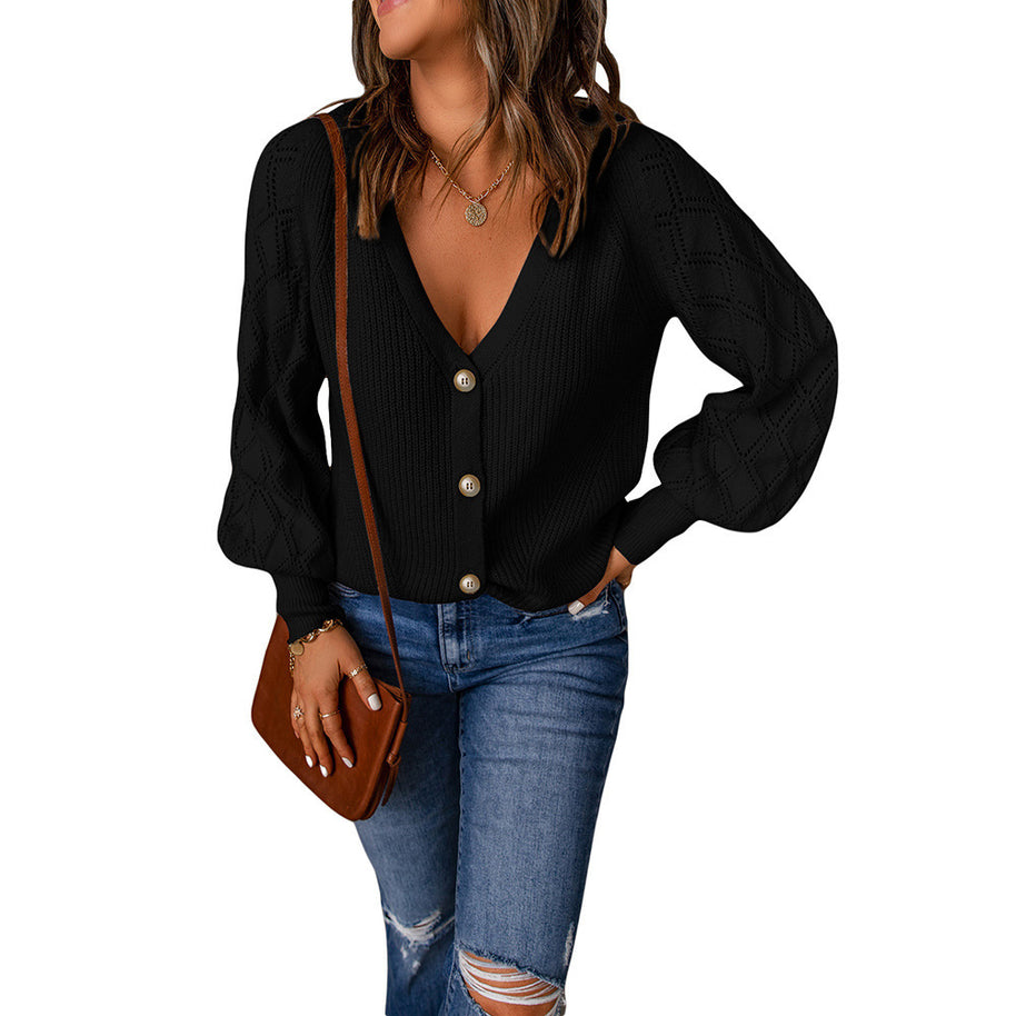 Damen Strickjacke mit V-Ausschnitt und Puffärmeln WW