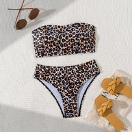 Damen Bandeau-Bikini-Set mit elegantem Leo-Muster und hoch geschnittenem Slip WW