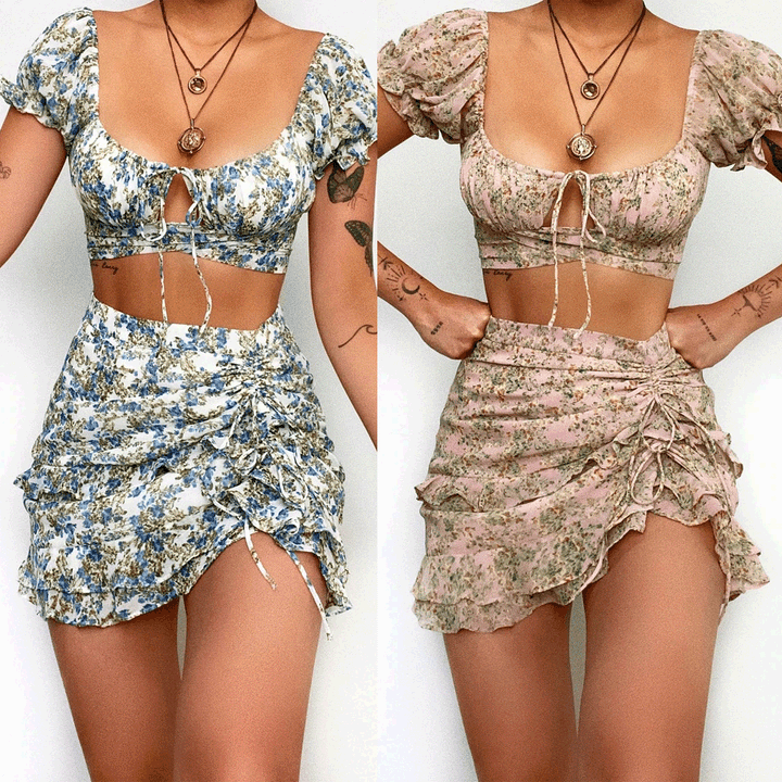 Damen Crop Top und Mini Rock mit floralem Design W&W Mode