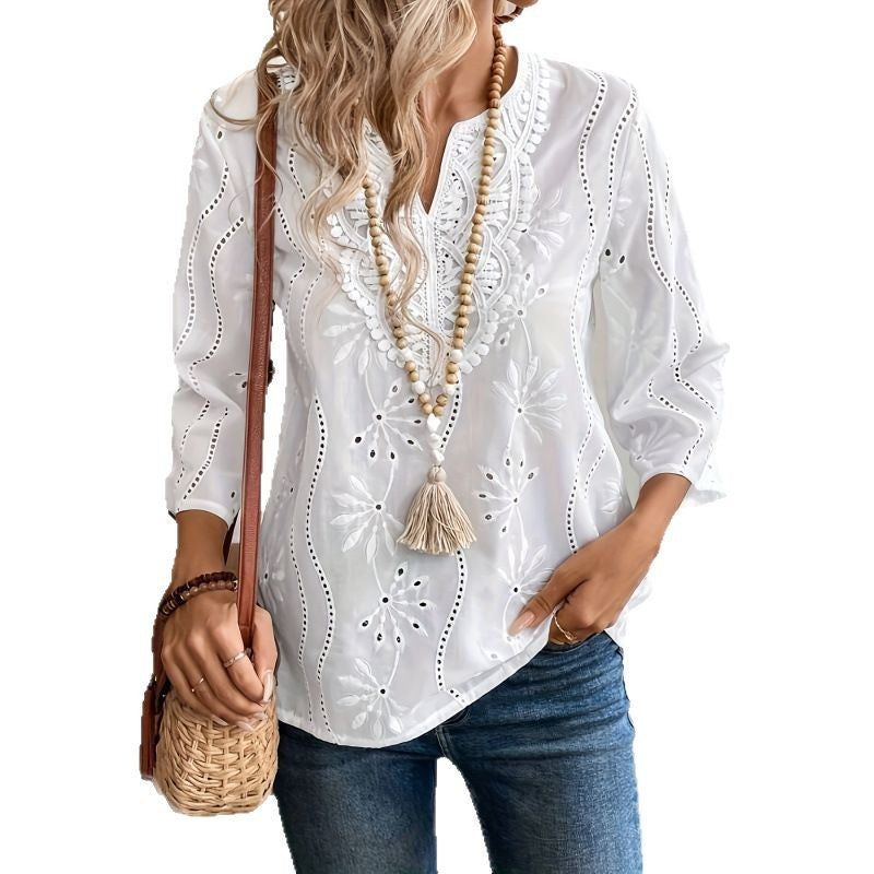 Damen bestickte Bohemian Bluse mit Dreiviertelärmeln WW