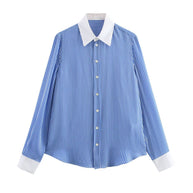 WW | Modische Blau Weiß Gestreifte Revers Vielseitige Bluse
