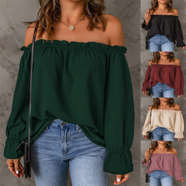 Damen schickes Off-Shoulder Oberteil mit Rüschendetails und elastischen Bündchen WW