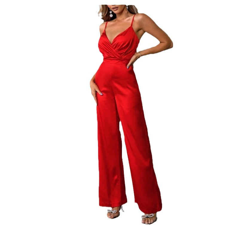 Damen Eleganter Jumpsuit mit Wickeloberteil und langen, geraden Beinen WW