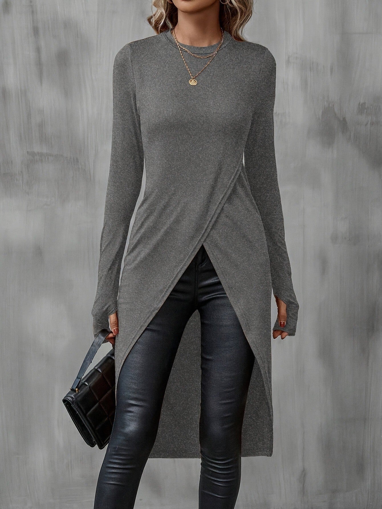 Damen asymmetrisches Longshirt mit eleganter Wickeloptik WW