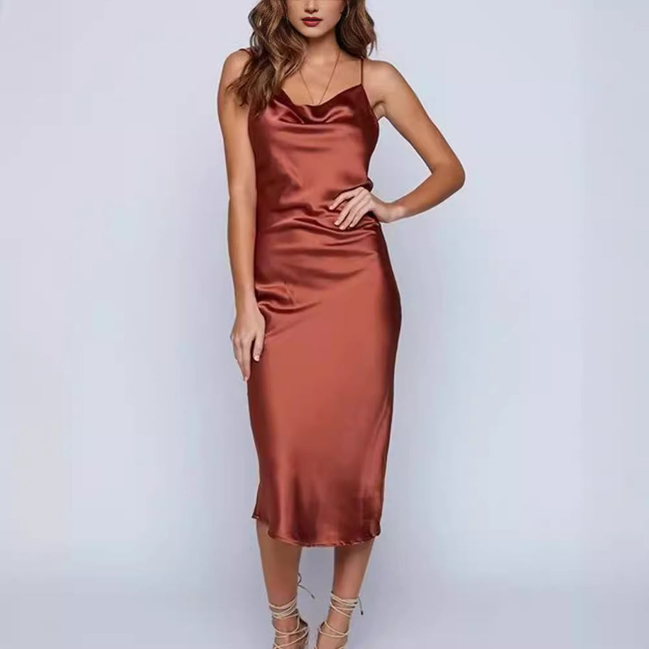 Damen Satin-Midikleid mit verführerischem V-Ausschnitt und Spaghettiträgern WW