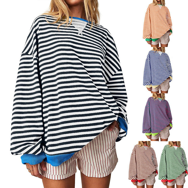 Damen Bequeme Streifenpulli mit Raglanärmeln und elastischen Bündchen W&W Mode