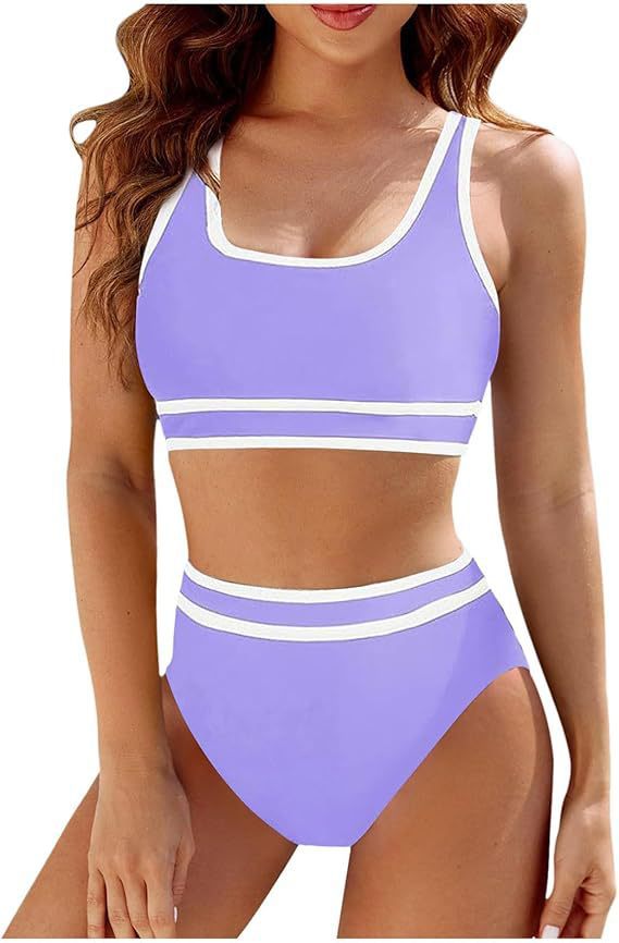 Damen Sportliches Bikini-Set mit hoch geschnittenem Unterteil und sportlichem Oberteil WW