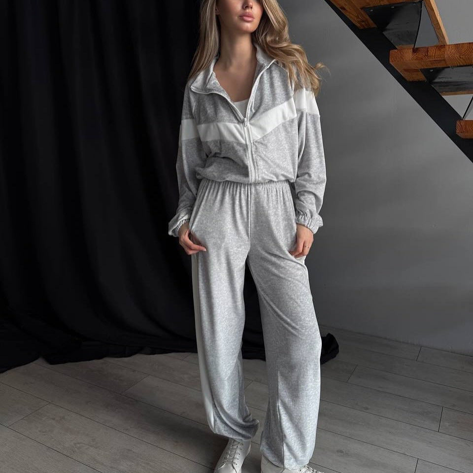 Damen sportlicher Fleece-Anzug mit hohem Kragen und elastischen Bündchen WW