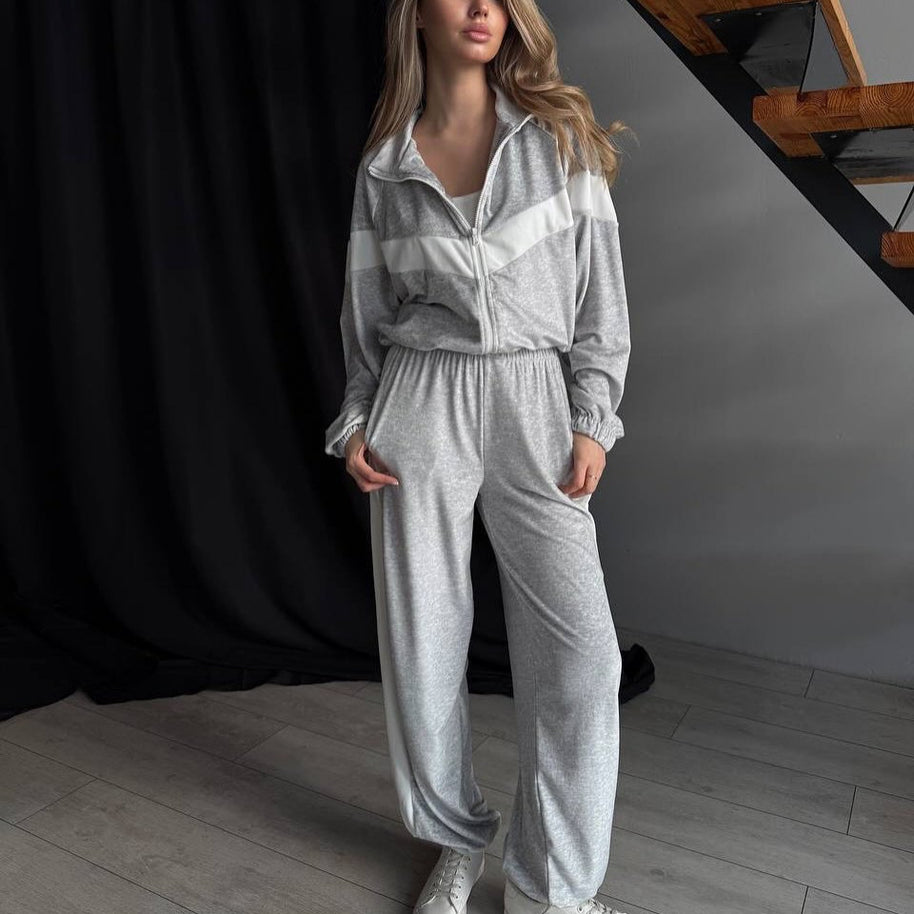 Damen sportlicher Fleece-Anzug mit hohem Kragen und elastischen Bündchen WW