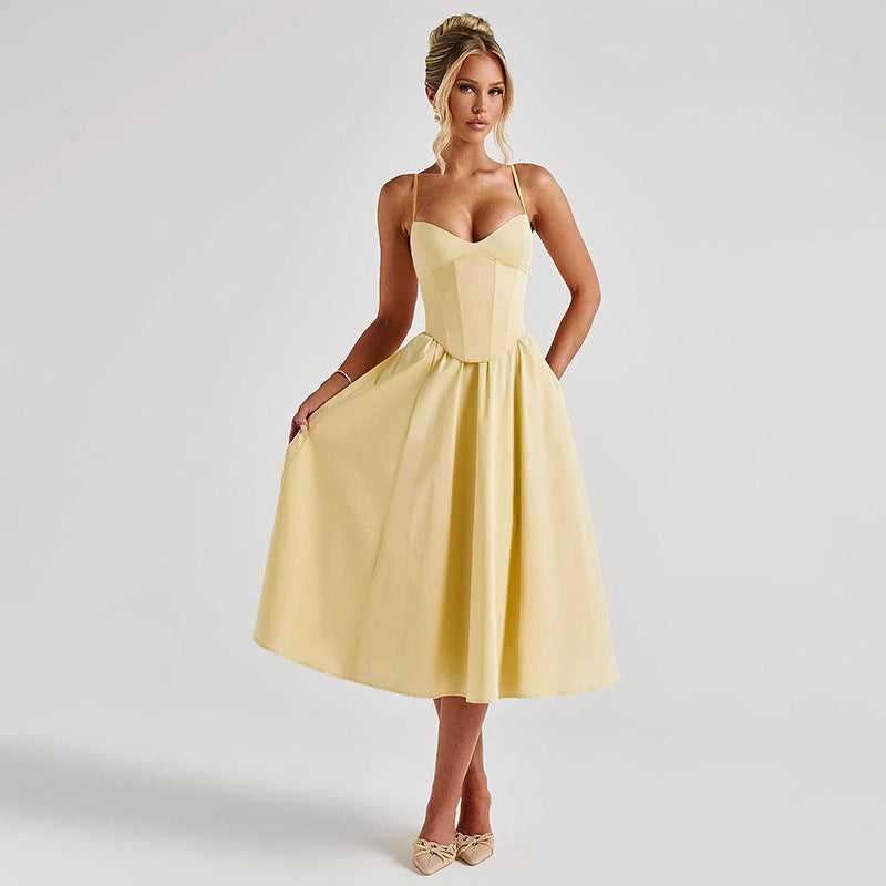 Damen Midi Kleid mit figurbetonter Corsage und schwingendem Rock W&W Mode