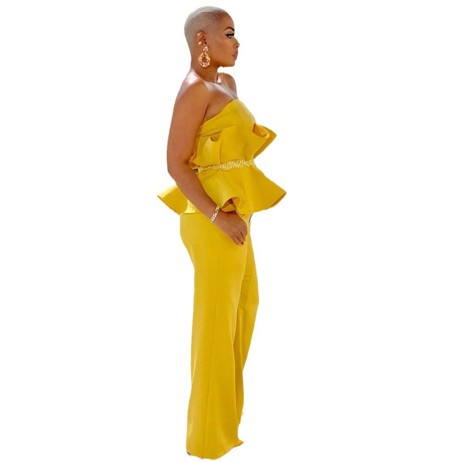 Damen Jumpsuit mit voluminösem Rüschendesign und schulterfreiem Oberteil WW