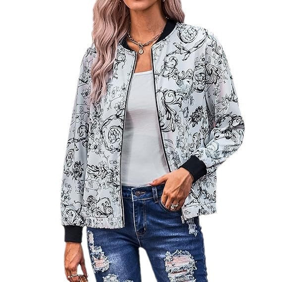 Damen Bomberjacke mit floralem Muster und elastischen Bündchen WW