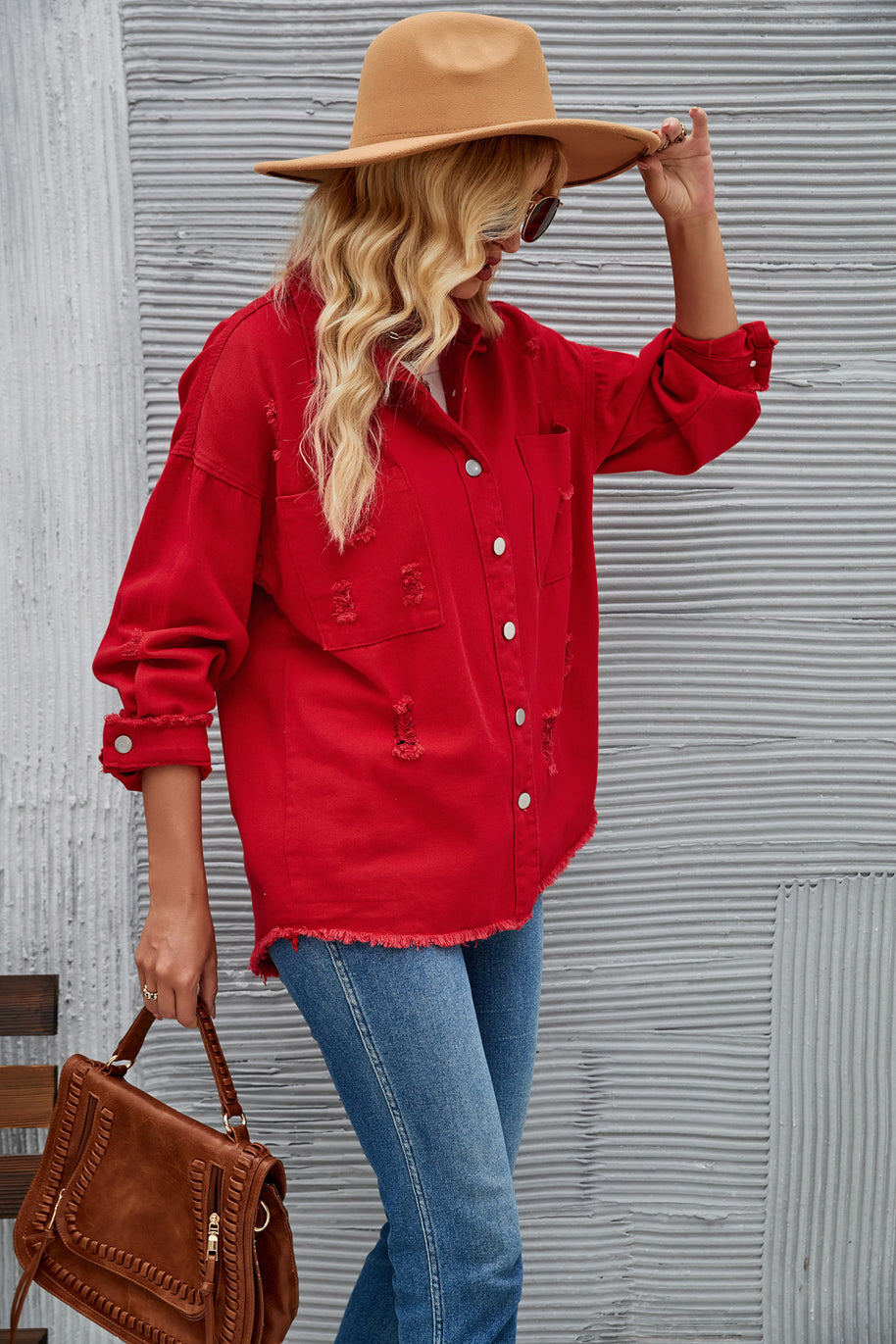 Damen Denim-Hemdjacke im lässigen Oversized-Schnitt mit fransigen Details WW