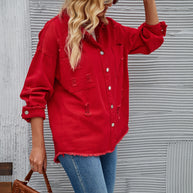 Damen Denim-Hemdjacke im lässigen Oversized-Schnitt mit fransigen Details WW