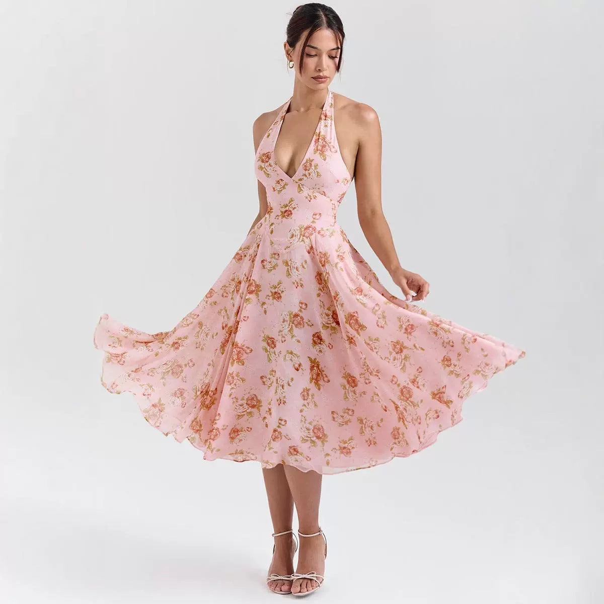 Damen Sommerliches Maxikleid mit tiefem V-Ausschnitt und floralen Mustern WW