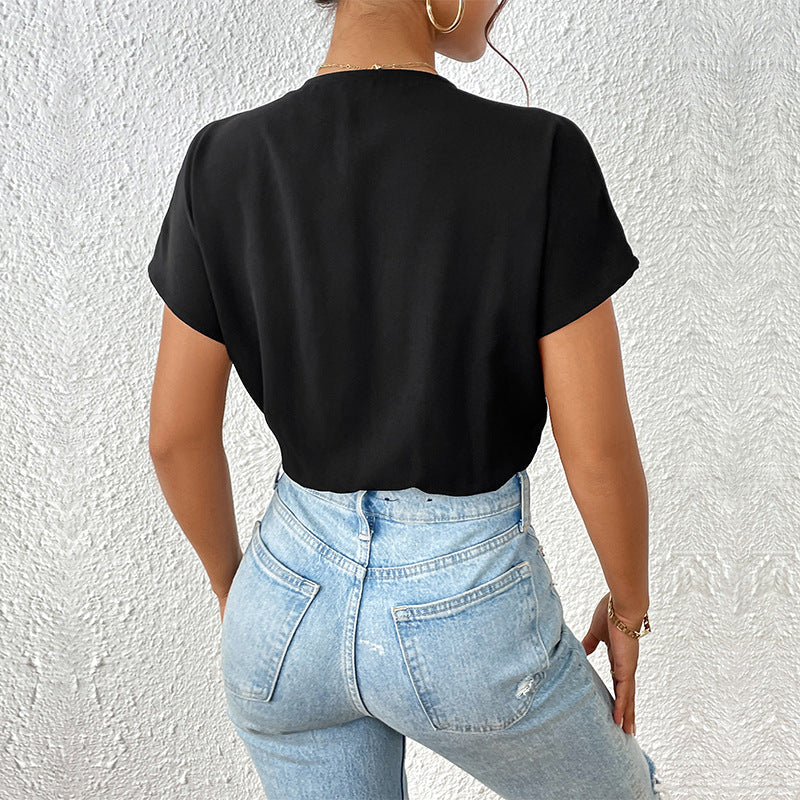 Damen Wickel-Bodysuit mit V-Ausschnitt und eleganten Puffärmeln W&W Mode