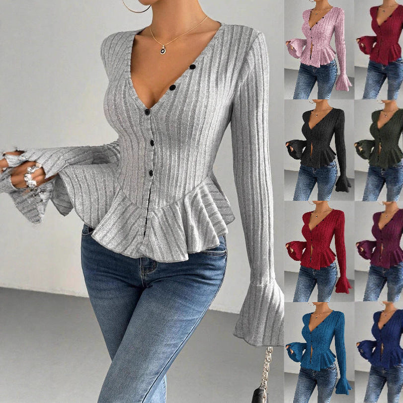 Damen Strickoberteil mit raffiniertem Kellerfalten-Design und Knopfleiste WW