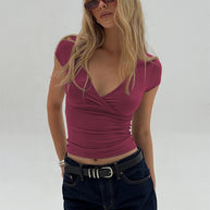 Damen Stilvolles Wickel V-Ausschnitt Top WW