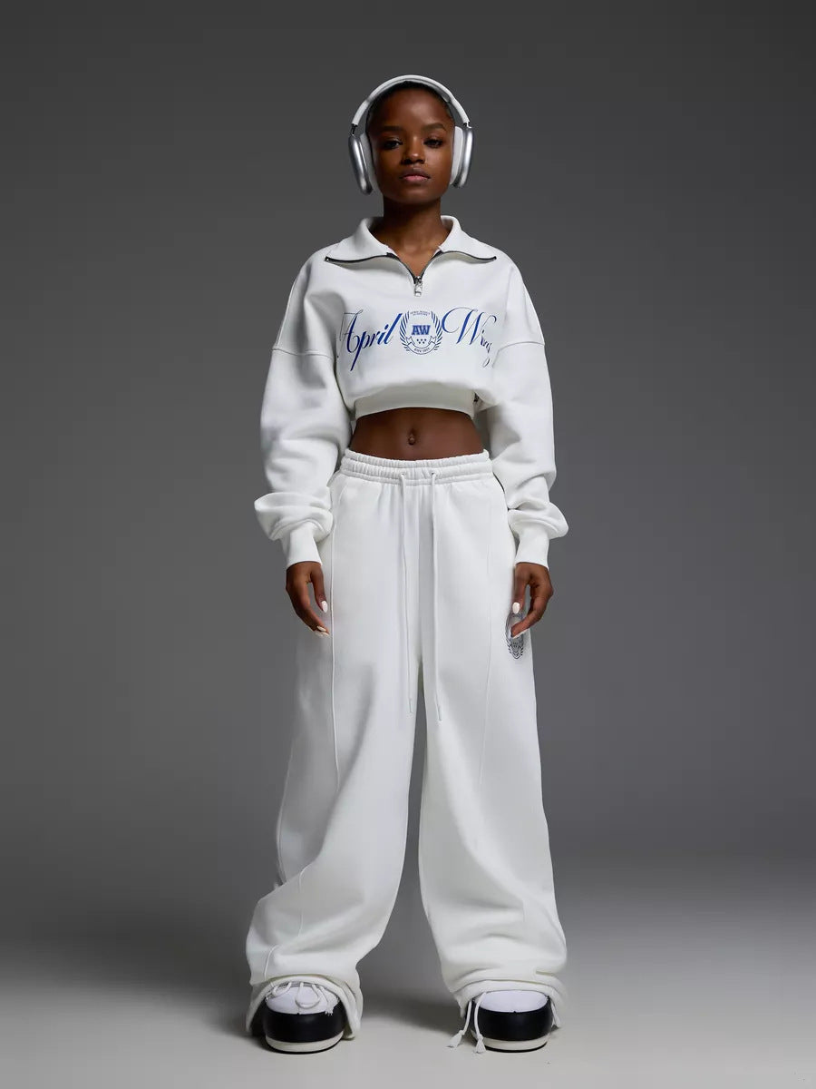 Damen Sportliches Cropped Sweatshirt und lässige Freizeithose Set WW