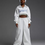 Damen Sportliches Cropped Sweatshirt und lässige Freizeithose Set WW