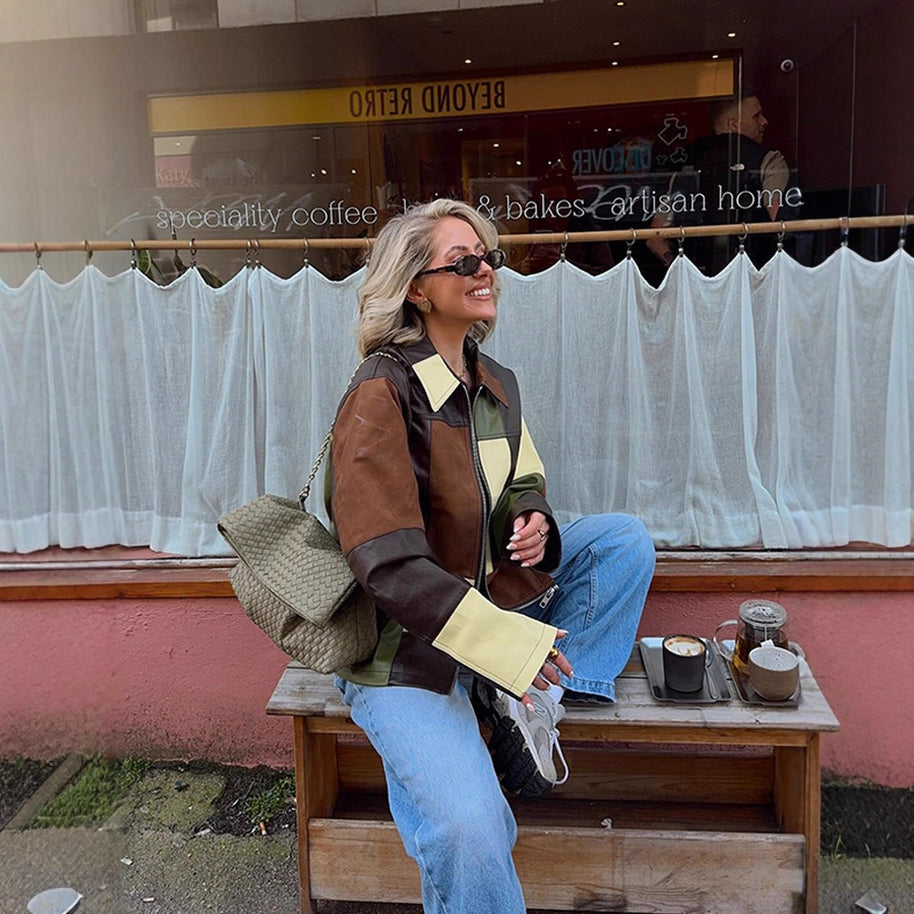 Damen Statement-Lederjacke im Patchwork-Design WW