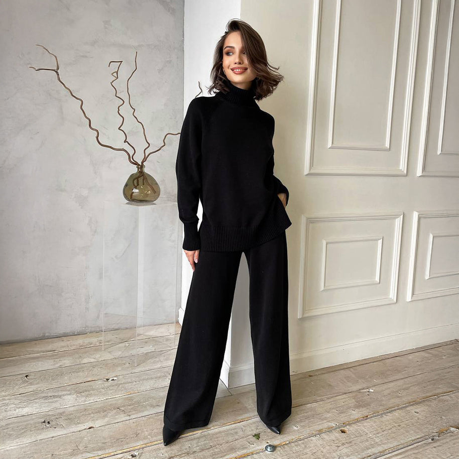 Damen Strick-Loungewear-Set mit hohem Kragen und weitem Schnitt WW