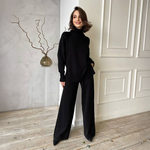 Damen Strick-Loungewear-Set mit hohem Kragen und weitem Schnitt WW