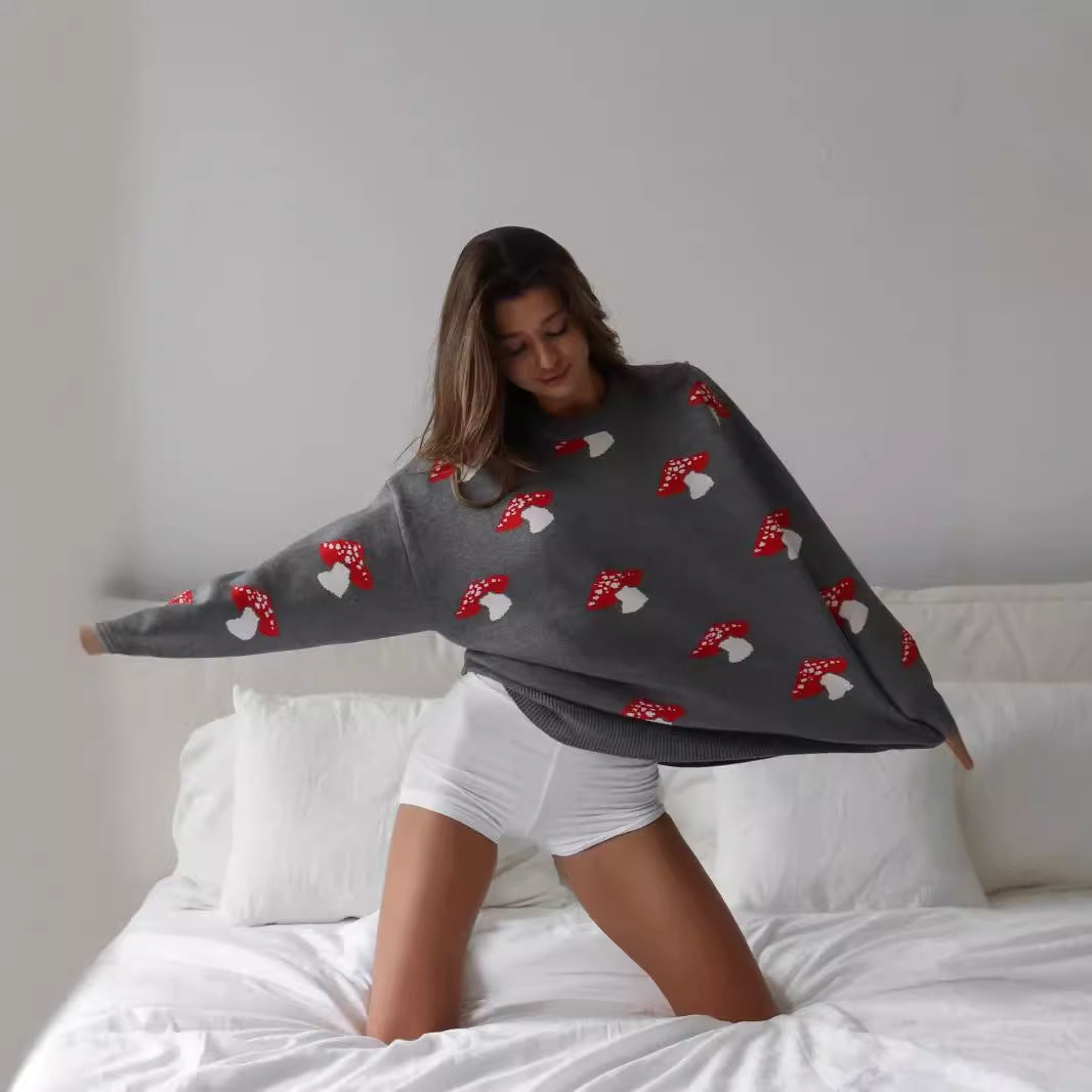 Damen Strickpullover mit verspieltem Pilzmotiv WW
